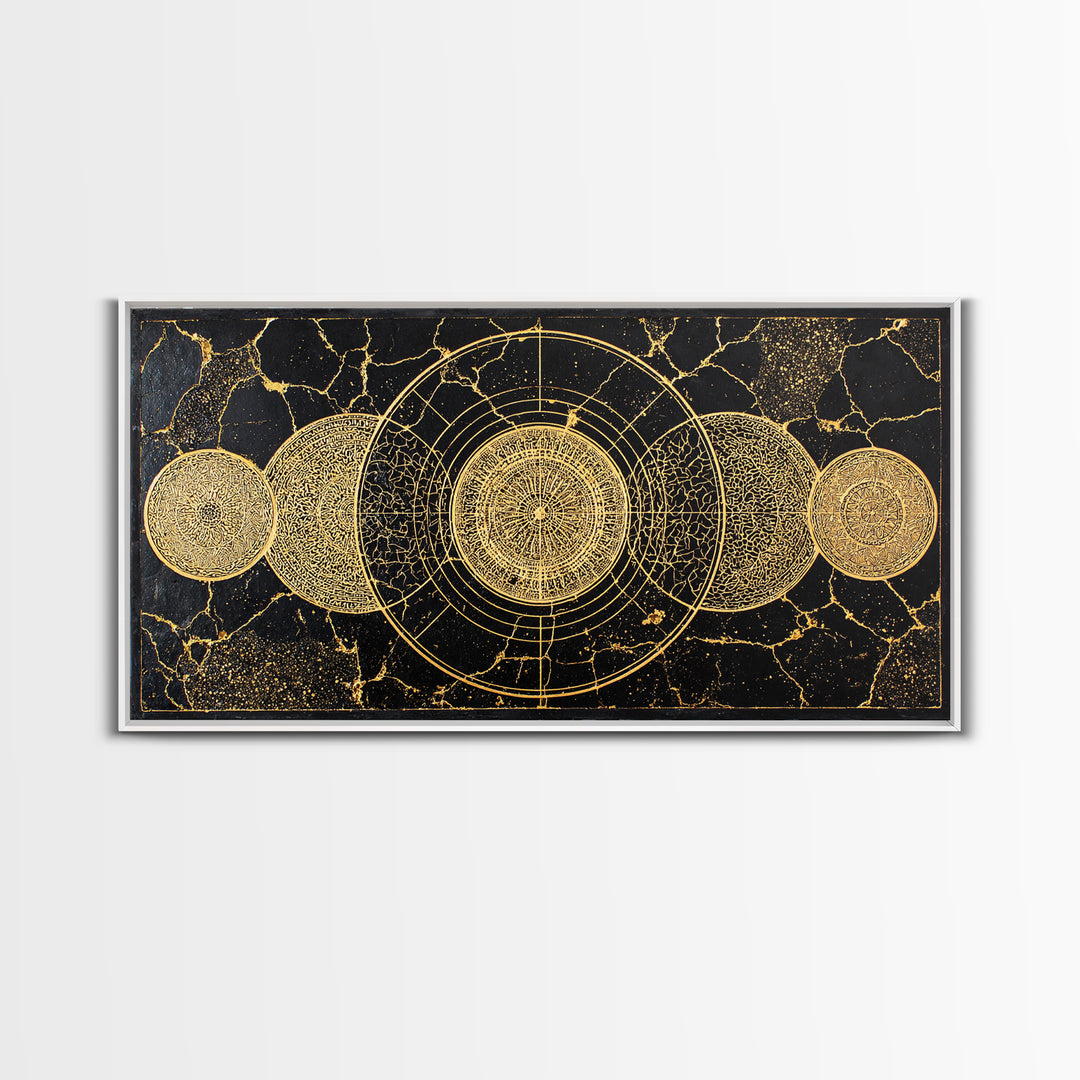 Golden Lunar Phases Celestial Geometry Wall Art, Black And Gold Abstract African Inspired Decor, Mystic Boho Canvas Print