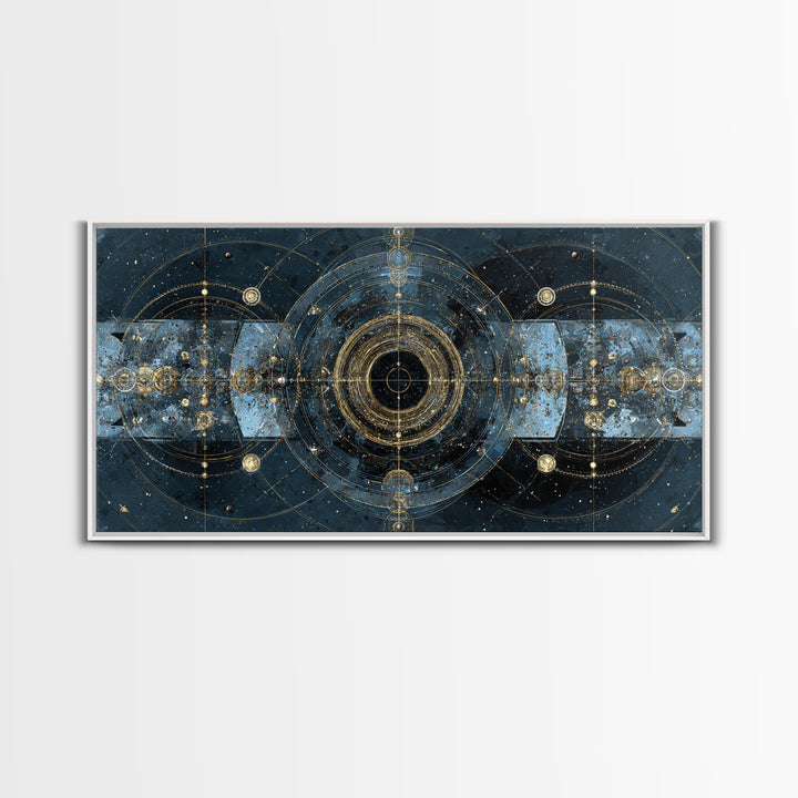 Blue Gold Cosmic Portal Canvas Print, Abstract Wall Art With Sacred Geometry, Modern Luxury Decor For Living Room And Office