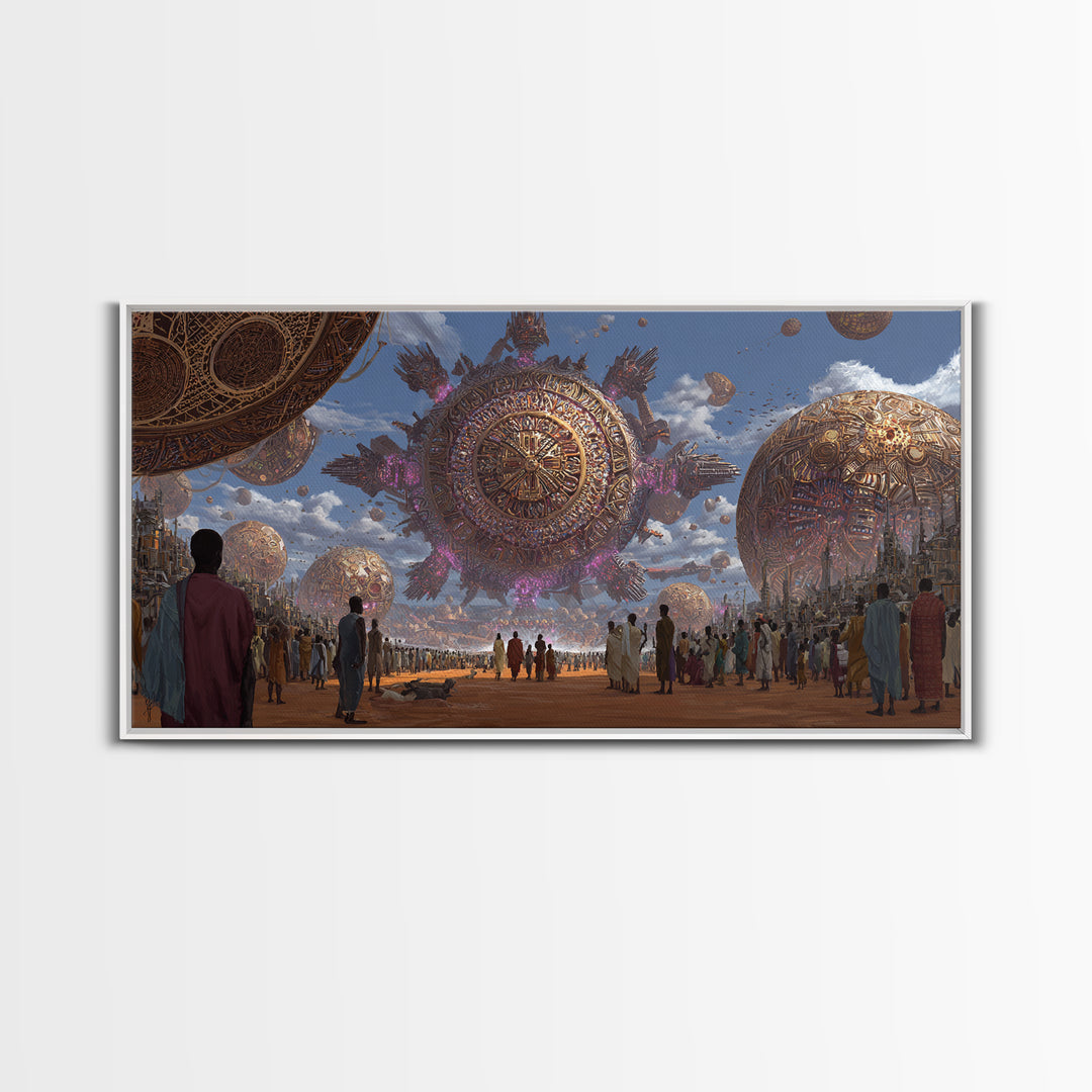 Afrofuturist Festival With Floating Golden Spheres Canvas Print, African Culture Wall Art, Futuristic City Decor Gift For Living Room