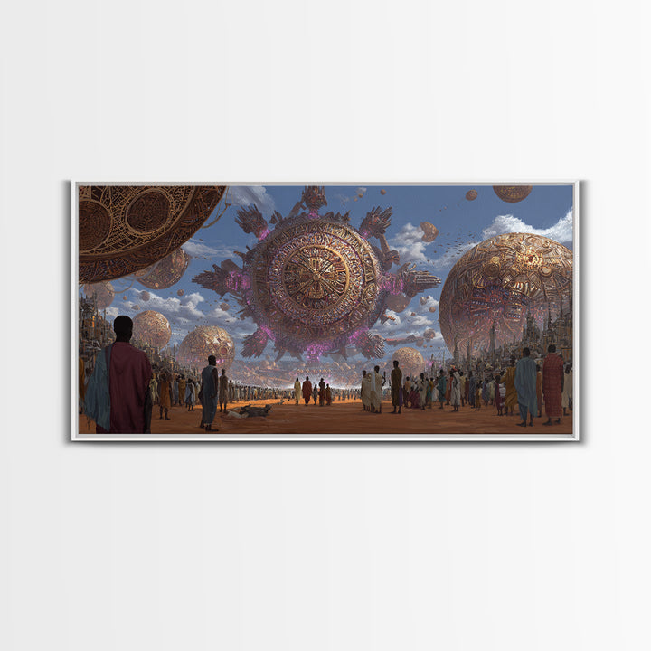 Afrofuturist Festival With Floating Golden Spheres Canvas Print, African Culture Wall Art, Futuristic City Decor Gift For Living Room