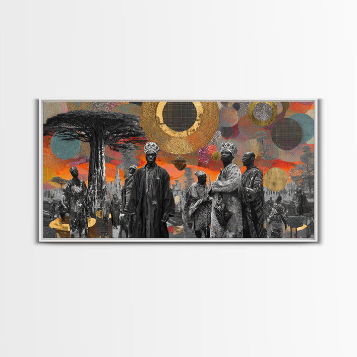Royal African Figures Under Baobab Sun Wall Art, Afrocentric Black Culture Art, Gold Collage Canvas Print For Elegant Home Decor