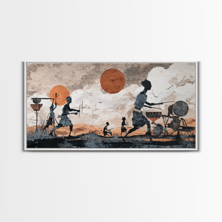 Drumming Village Family Silhouettes Canvas Print, African Wall Art, Tribal Music Decor, Afrocentric Living Room Artwork Gift