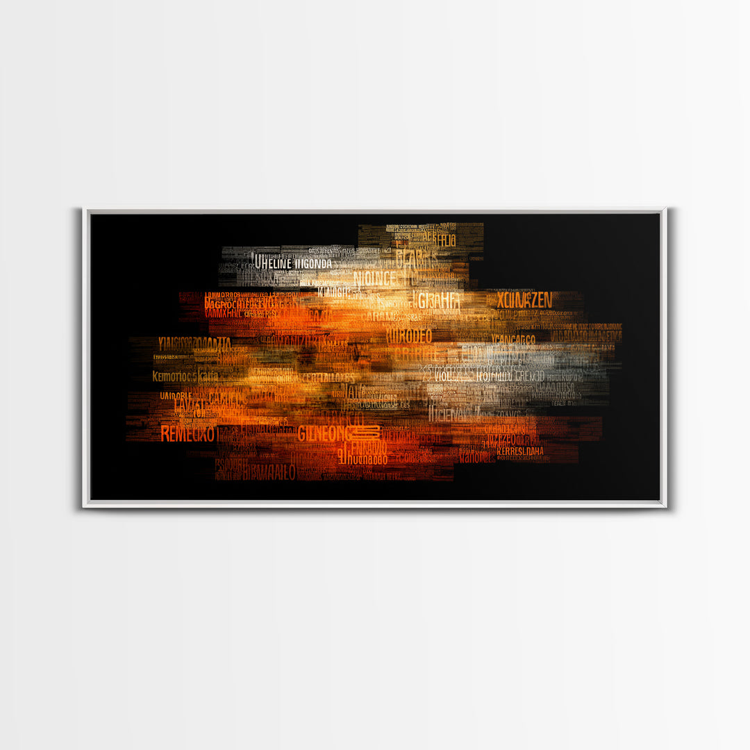 Orange Gold African Word Cloud Framed Canvas Print, Abstract African Art, Afrocentric Decor, Vibrant Statement Wall Decor
