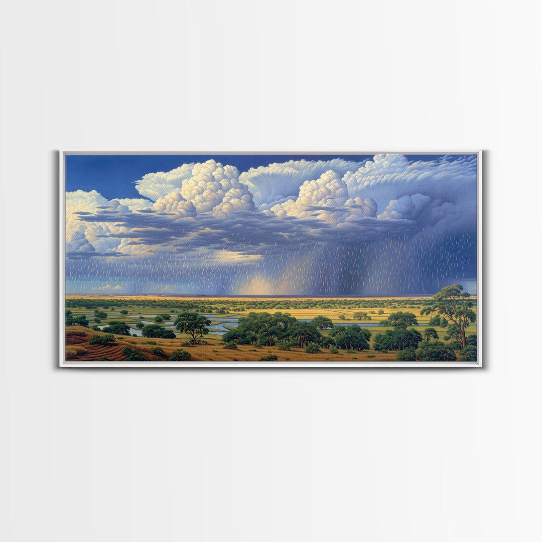 Blue Rain Clouds Over Green Savanna Wall Art, African Safari Art, Serengeti Wall Art, Nature Scene Art, Large Decor Art Gift