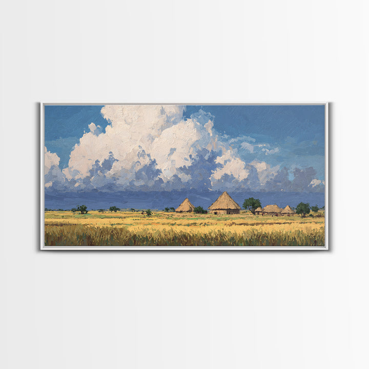 Thatched Village Under White Clouds Canvas Print, African Landscape, Rustic Decor, Cultural Wall Decor, Living Room Art Gift