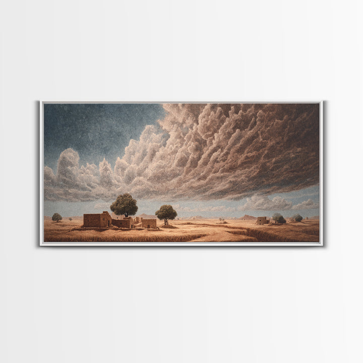 Desert Village Beneath Giant Storm Clouds Framed Canvas Print, African Landscape, Earth Tone Wall Art, Rustic Decor Gift