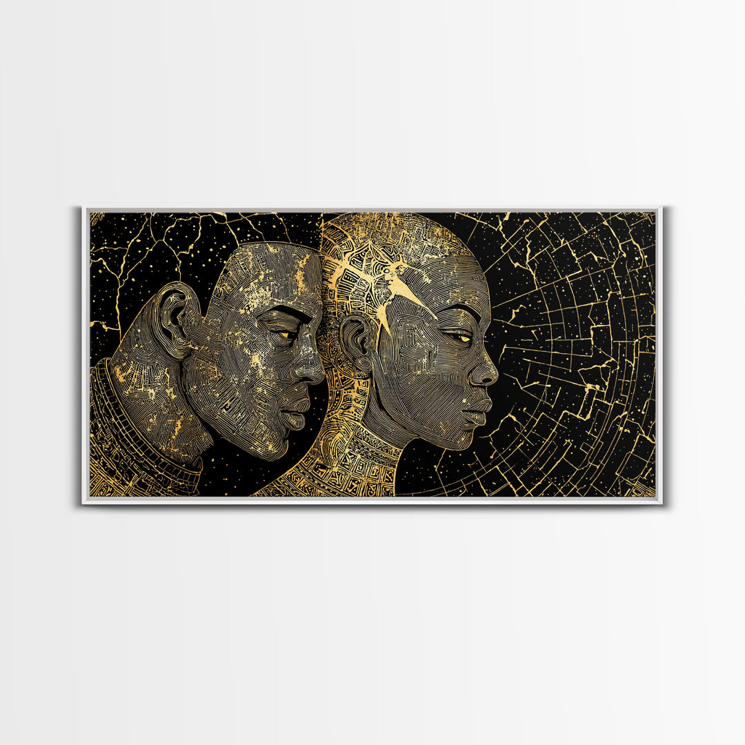 Golden African Profiles With Celestial Patterns Canvas Print, Afrocentric Portrait Wall Art, Black Culture Decor, Unique Gift