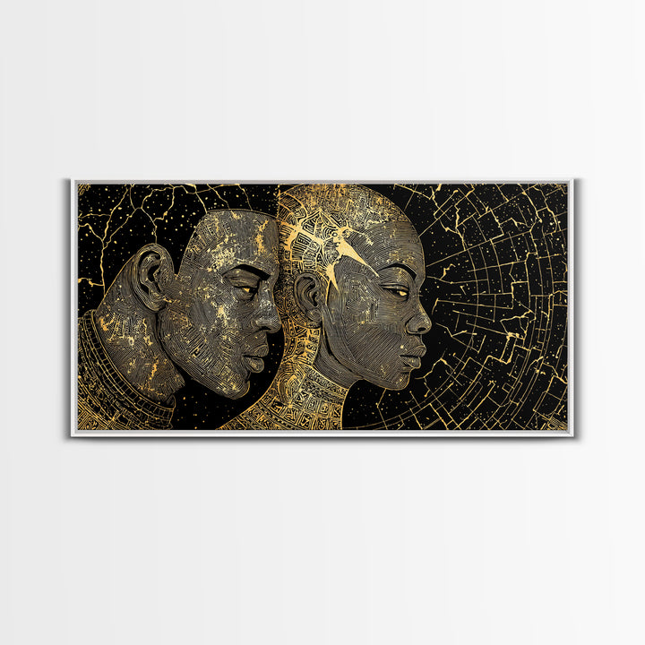 Golden African Profiles With Celestial Patterns Canvas Print, Afrocentric Portrait Wall Art, Black Culture Decor, Unique Gift