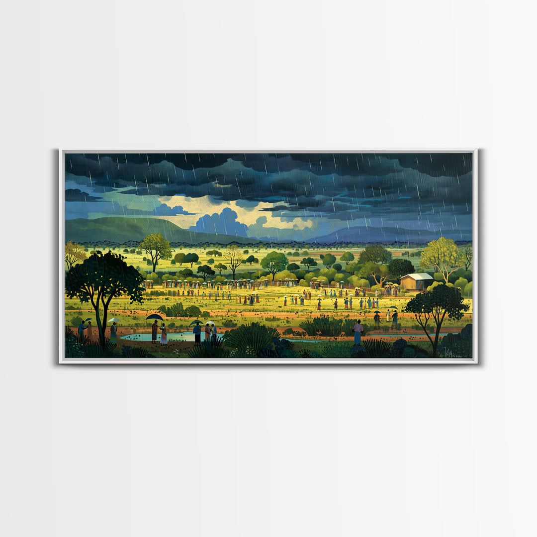 Rainy African Village Fields With Dark Monsoon Sky Wall Art, Motherland Landscape, Cultural Home Decor, Framed Canvas Print