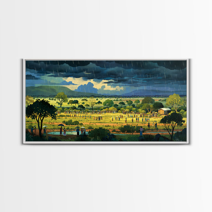 Rainy African Village Fields With Dark Monsoon Sky Wall Art, Motherland Landscape, Cultural Home Decor, Framed Canvas Print