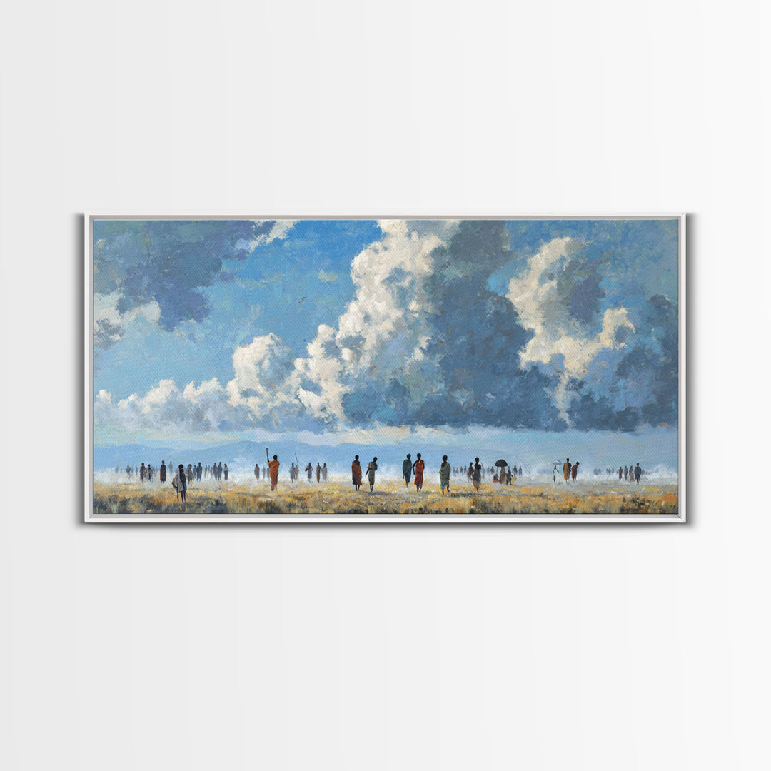 Open African Horizon With Walking Figures And Soft Clouds Wall Art, Minimalist Landscape, Blue Sky Decor, Canvas Print, Gift