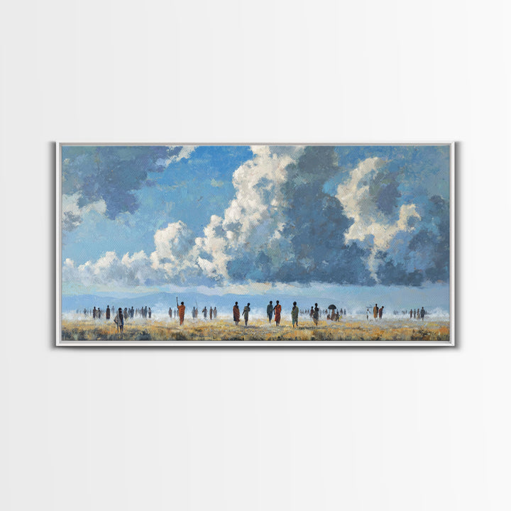 Open African Horizon With Walking Figures And Soft Clouds Wall Art, Minimalist Landscape, Blue Sky Decor, Canvas Print, Gift