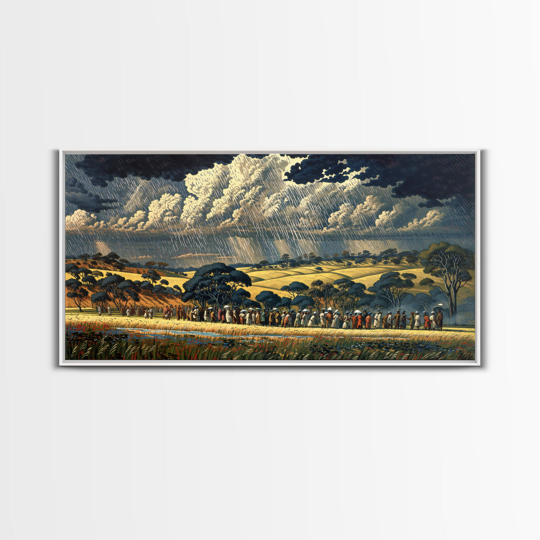 African Procession Through Sunlit Rainy Savanna Framed Canvas Print, Dramatic Storm Wall Art, Cultural Decor, Safari Gift