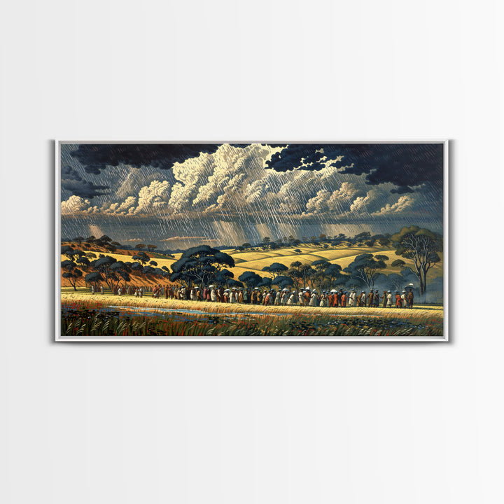 African Procession Through Sunlit Rainy Savanna Framed Canvas Print, Dramatic Storm Wall Art, Cultural Decor, Safari Gift