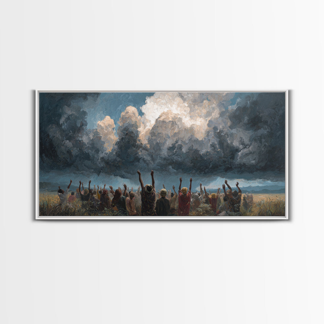 Joyful African Crowd Under Dramatic Storm Clouds Wall Art, Black Culture Celebration, Spiritual Decor, Panoramic Canvas Print