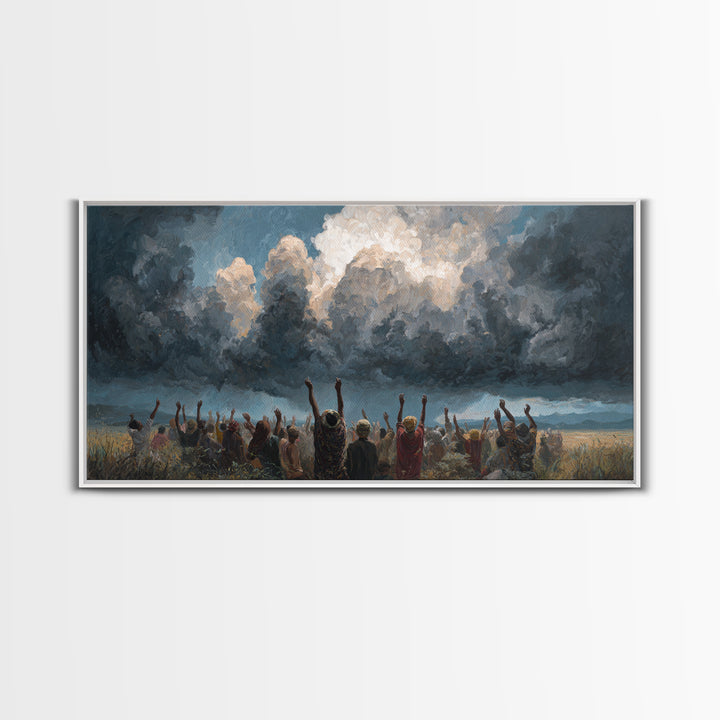 Joyful African Crowd Under Dramatic Storm Clouds Wall Art, Black Culture Celebration, Spiritual Decor, Panoramic Canvas Print