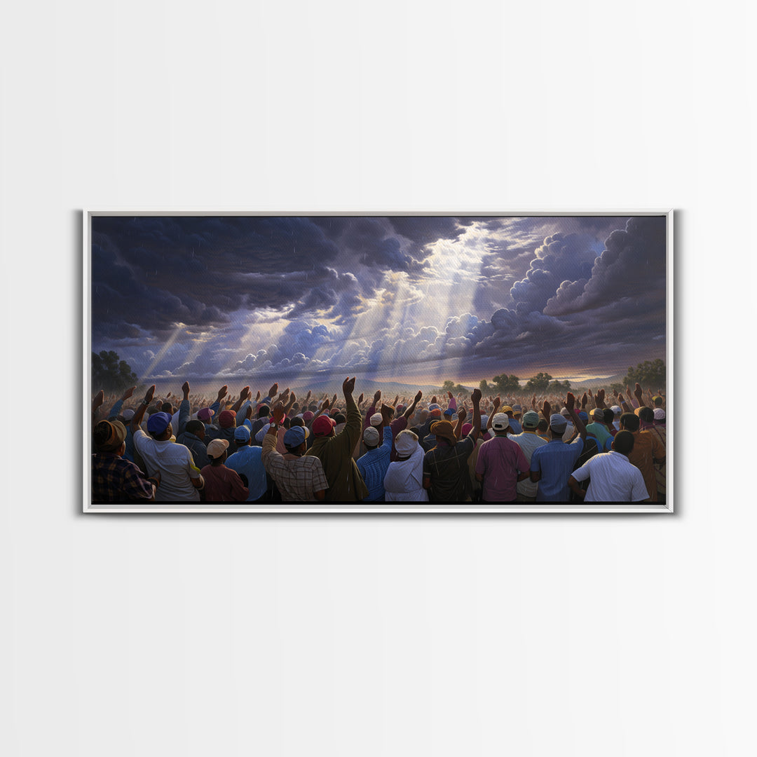 Hopeful African Gathering With Raised Hands Framed Canvas Print, Heavenly Storm Clouds Wall Art, Black Culture Decor Gift