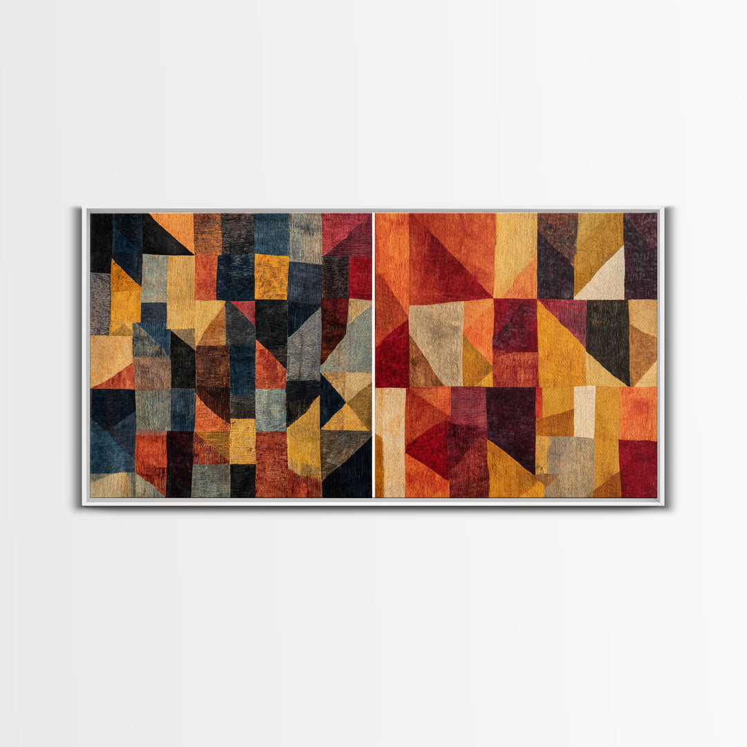 Modern African Geometric Patchwork Canvas Print, Abstract Ethnic Wall Art, Earth Tone Cubism Decor, Bold Home Decor Gift