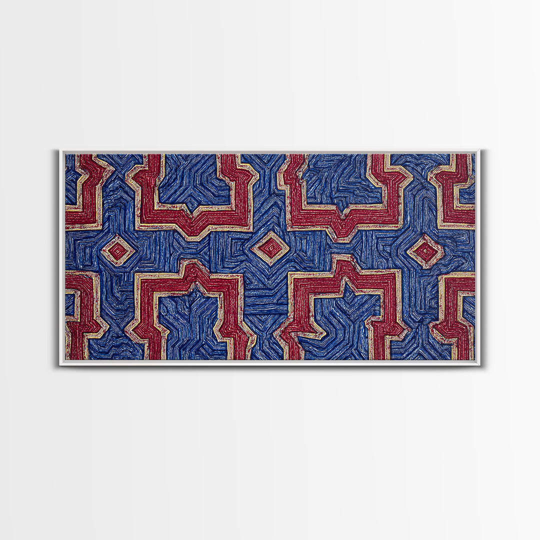 Red Blue Kuba Geometric Textile Pattern Wall Art, African Fabric Print, Tribal Decor, Modern African Art For Living Room