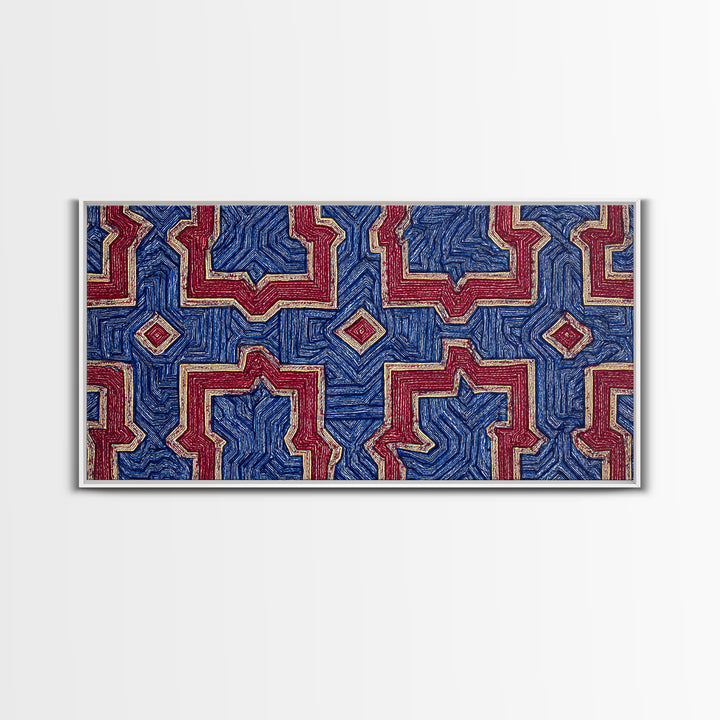 Red Blue Kuba Geometric Textile Pattern Wall Art, African Fabric Print, Tribal Decor, Modern African Art For Living Room