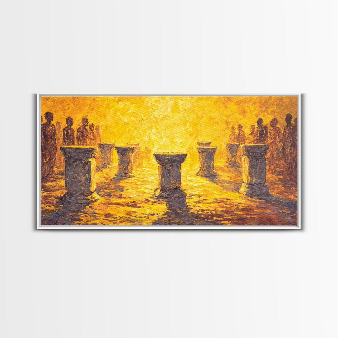Golden Drum Ceremony Silhouette Wall Art, African Celebration Painting, Cultural Art Print, Warm Sunset Housewarming Gift