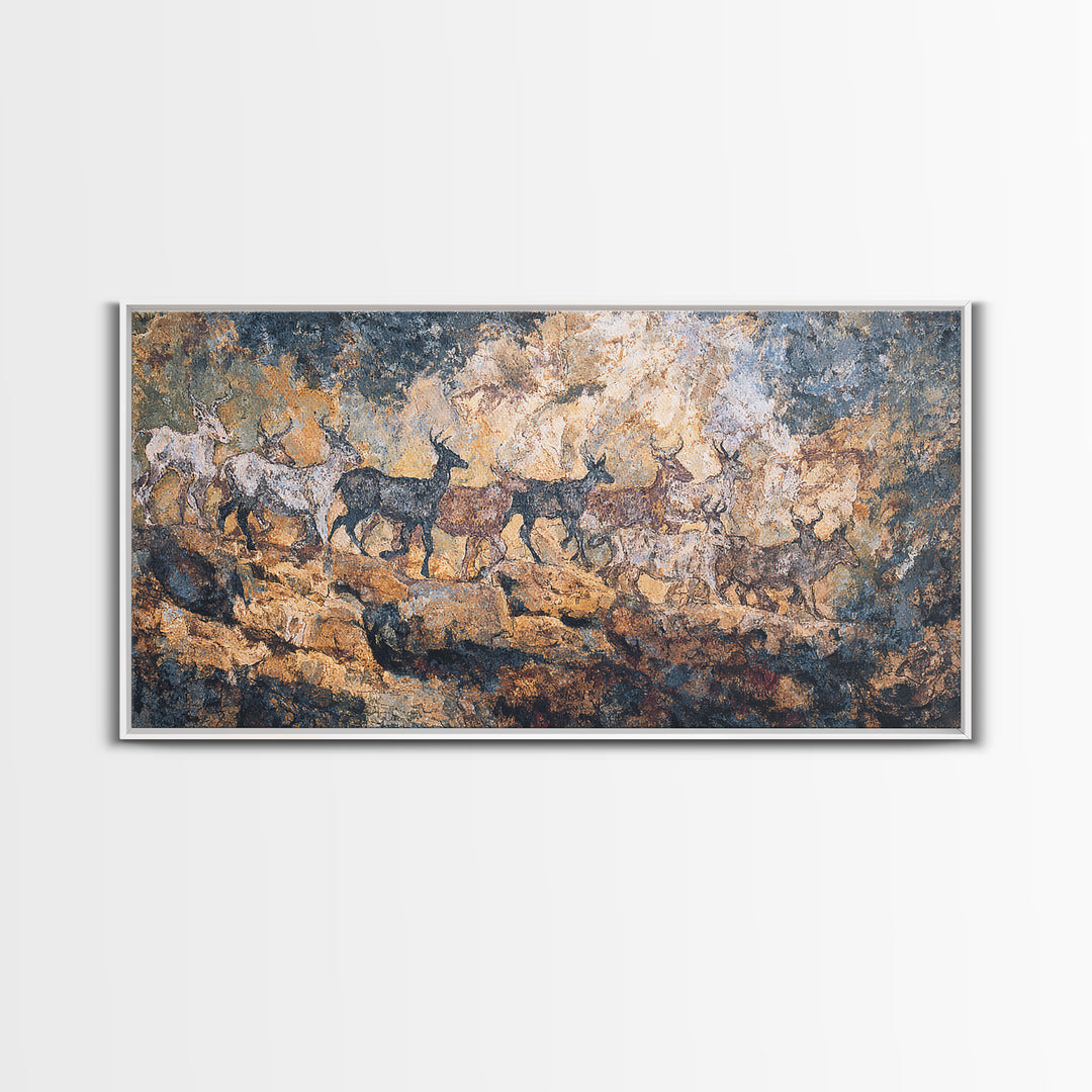 Blue Ochre Prehistoric Animal Herd Wall Art, African Rock Painting, Safari Decor, Earth Tone Tribal Art Print For Home Decor