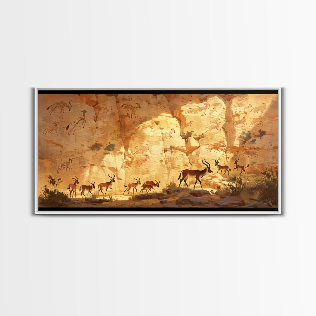 Desert Antelope Rock Art Framed Canvas Print, African Landscape, Safari Wall Decor, Ancient Cave Painting For Living Room