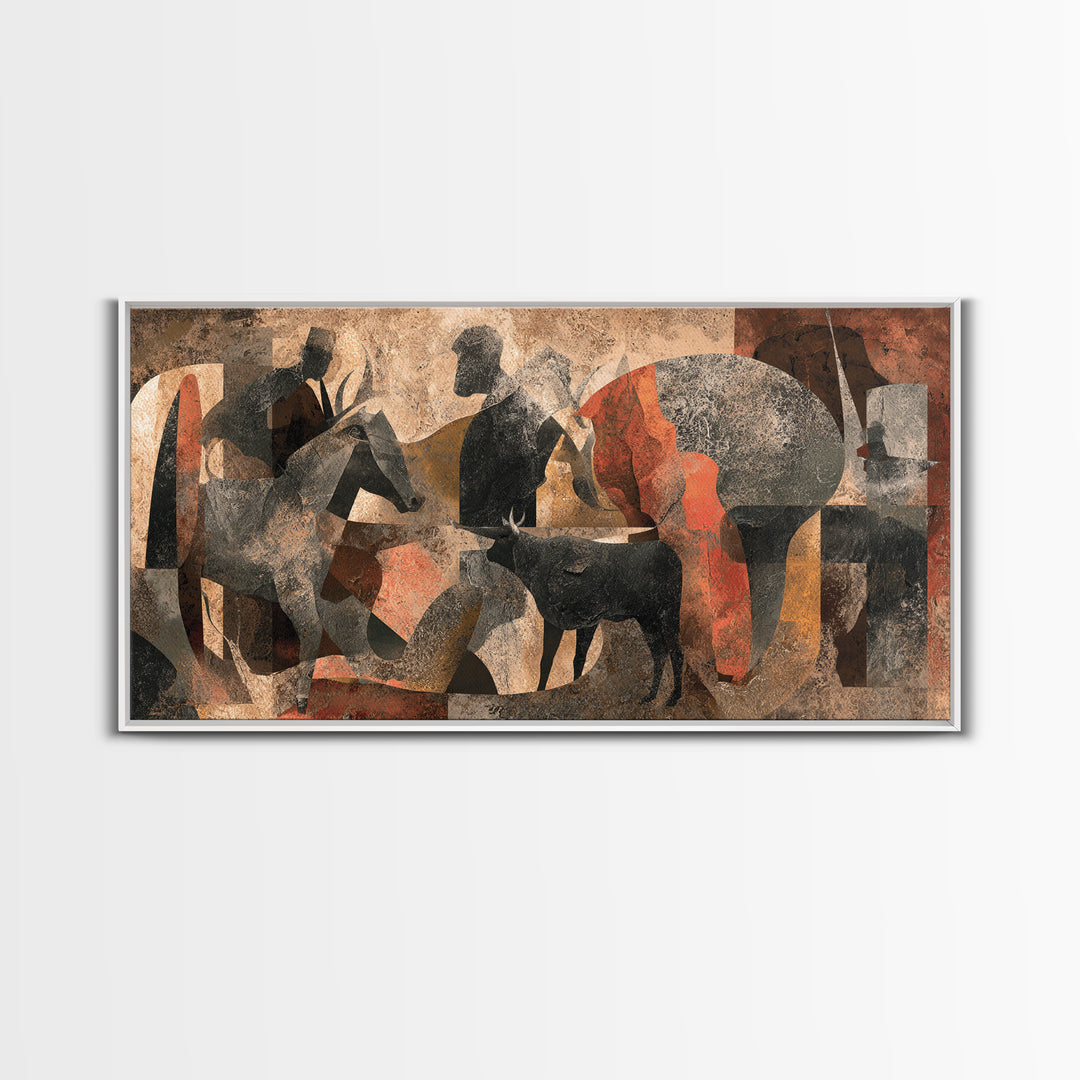 Abstract African Herdsmen And Cattle Wall Art, Modern Cubism, Tribal Decor, Earth Tone Canvas Print For Stylish Home Decor