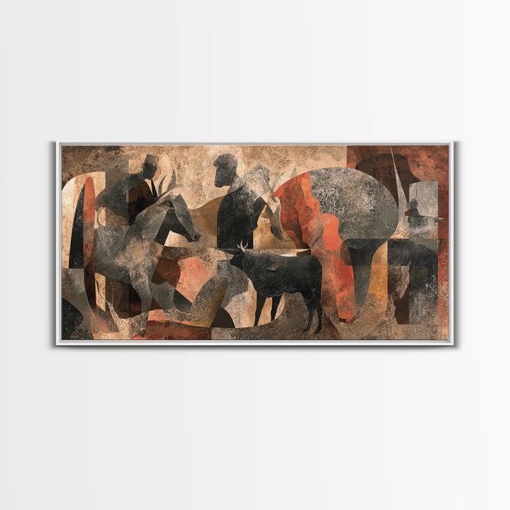Abstract African Herdsmen And Cattle Wall Art, Modern Cubism, Tribal Decor, Earth Tone Canvas Print For Stylish Home Decor