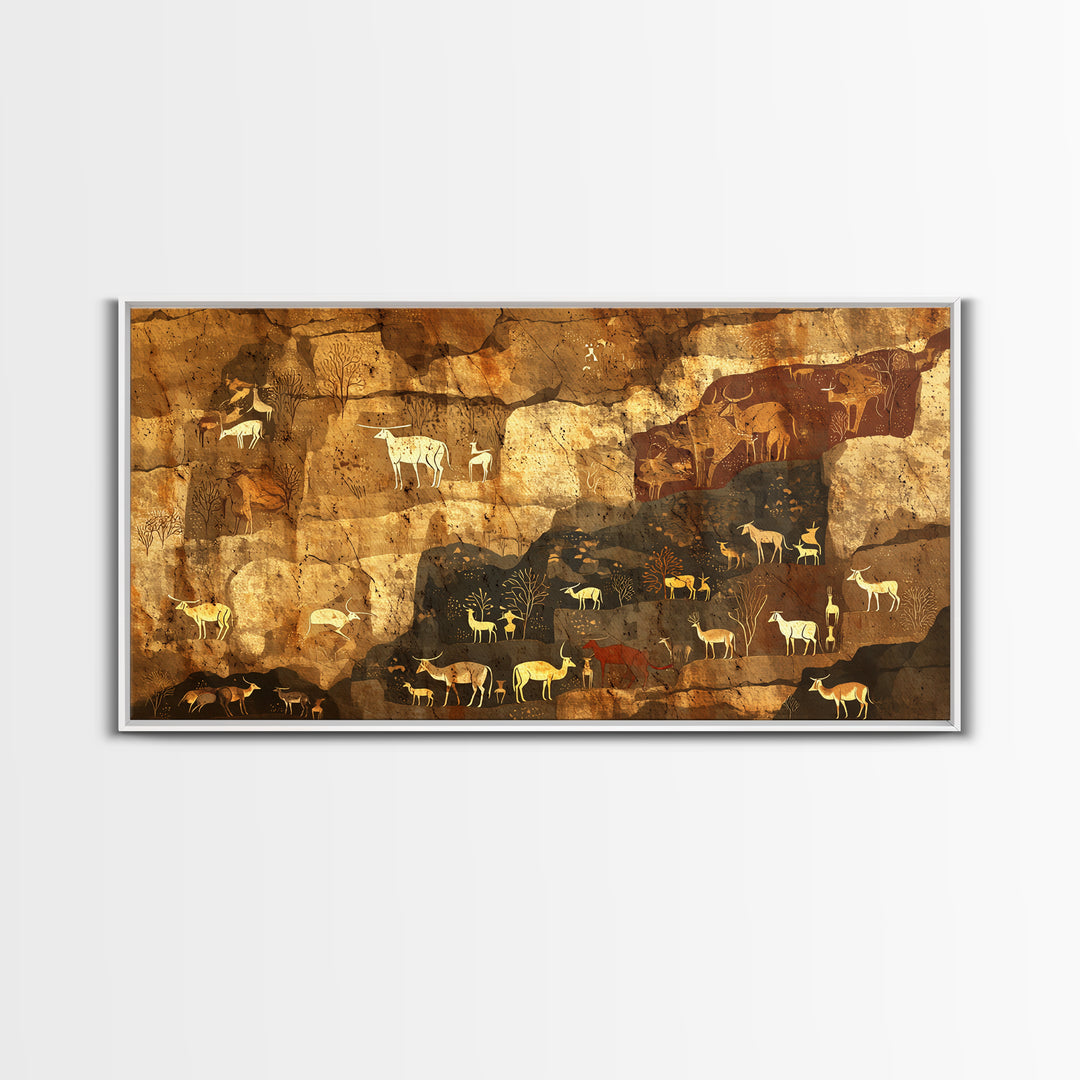 Ochre Cave Herd Rock Painting Canvas Print, African Animal Art, Tribal Wall Decor, Ancient Safari Artwork For Earth Tone Home