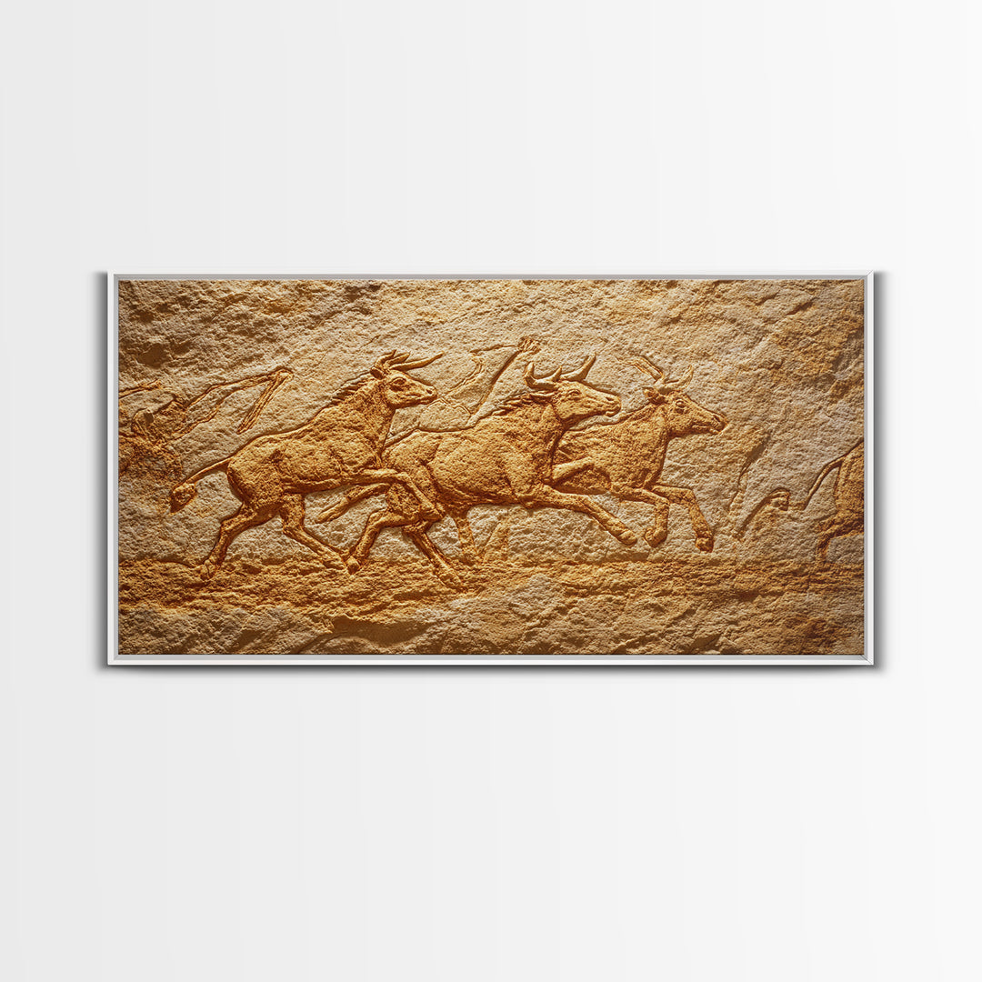 Carved Stone Antelope Herd In Ancient Cave Relief Wall Art, African Animal Art, Tribal Art Print, Earth Tone Decor, Rustic Home Decor