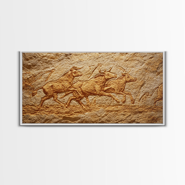 Carved Stone Antelope Herd In Ancient Cave Relief Wall Art, African Animal Art, Tribal Art Print, Earth Tone Decor, Rustic Home Decor