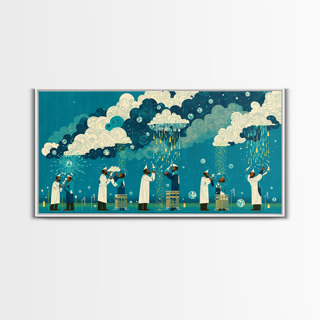 Scientists Harvesting Rain From Patterned Clouds Wall Art, Contemporary Art, Teal And Yellow Art, Modern Office Decor Gift