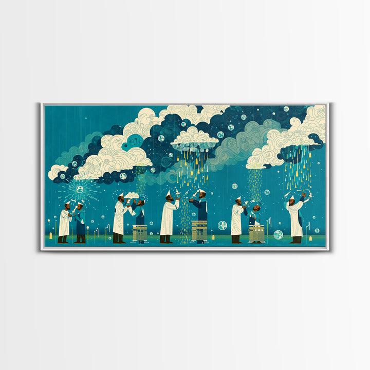 Scientists Harvesting Rain From Patterned Clouds Wall Art, Contemporary Art, Teal And Yellow Art, Modern Office Decor Gift