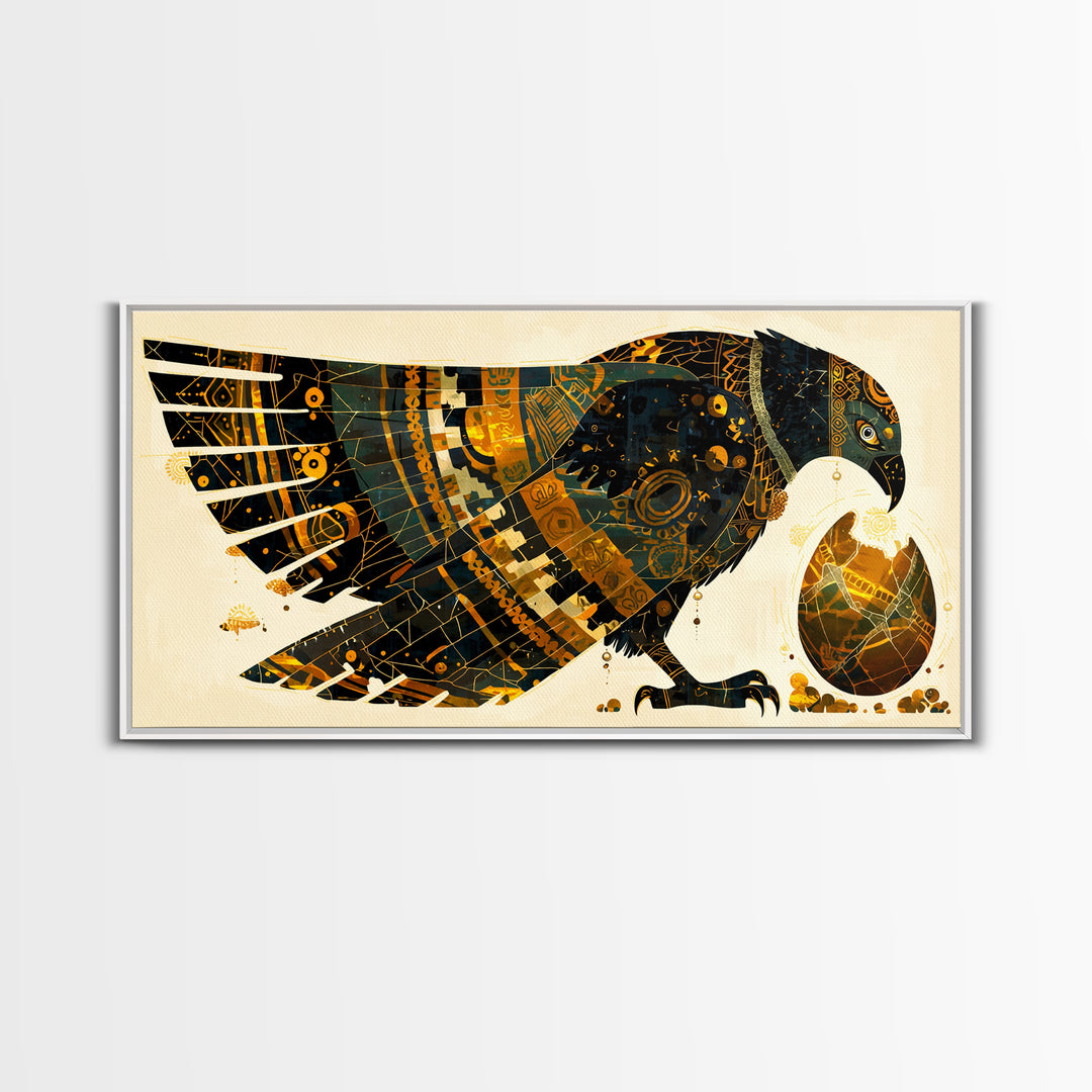Ornate Egyptian Falcon With Golden Egg Canvas Print, African Egyptian Art, Black Gold Decor, Spiritual Wall Art Gift For Her