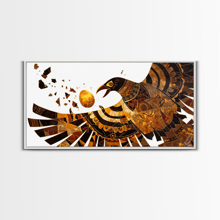 Geometric Black Gold Eagle Holding Sun Orb Canvas Print, African Inspired Abstract Art, Bold Wall Decor, Unique Canvas Gift