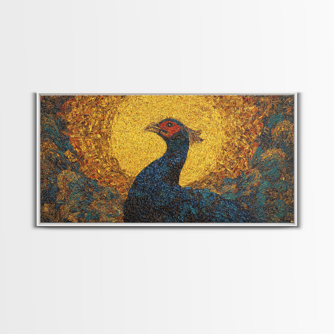 Blue Peacock Portrait Before Golden Sun Wall Art, African Inspired Bird Art, Textured Canvas Decor, Vibrant Living Room Gift
