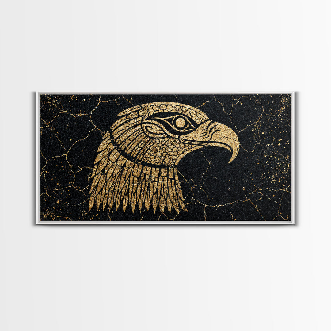 Gold Falcon Head On Black Cracked Stone Canvas Print, African Egyptian Art, Tribal Bird Decor, Luxury Wall Art Gift For Him