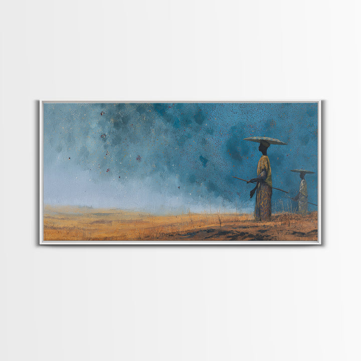 Blue Desert African Figures Wall Art, Minimalist Safari Landscape Painting, Modern Cultural Home Decor Canvas Gift For Bedroom