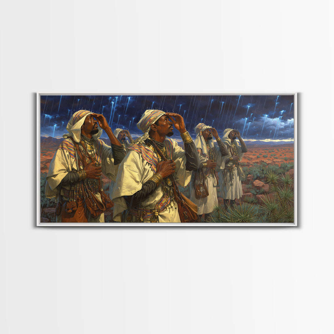 Berber Storm Watchers Canvas Print, African Warrior Art, Desert Lightning Scene, Tribal Wall Decor For Living Room And Office
