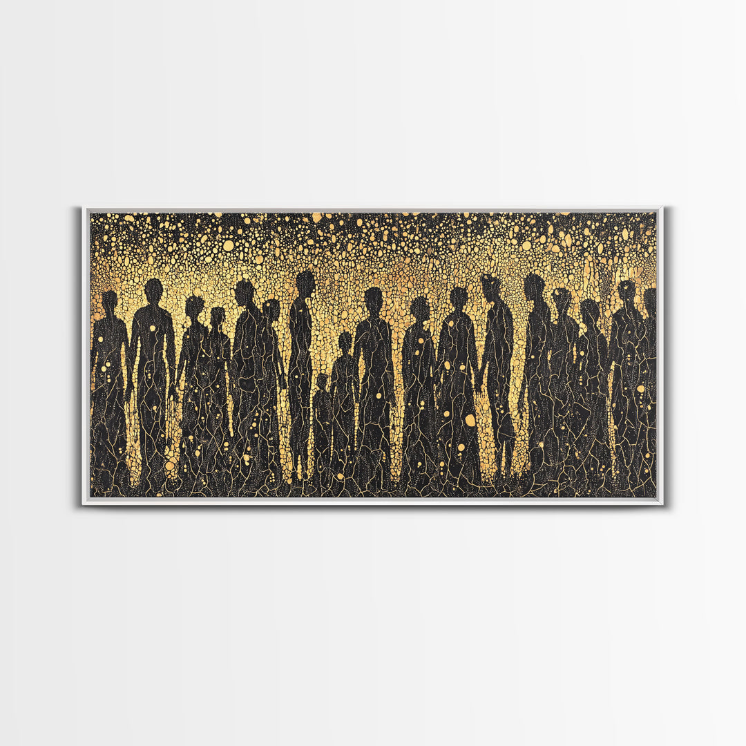 Gold African Silhouette Crowd Wall Art, Abstract Tribal Figures, Black And Gold Cultural Decor Canvas Print Gift For Office