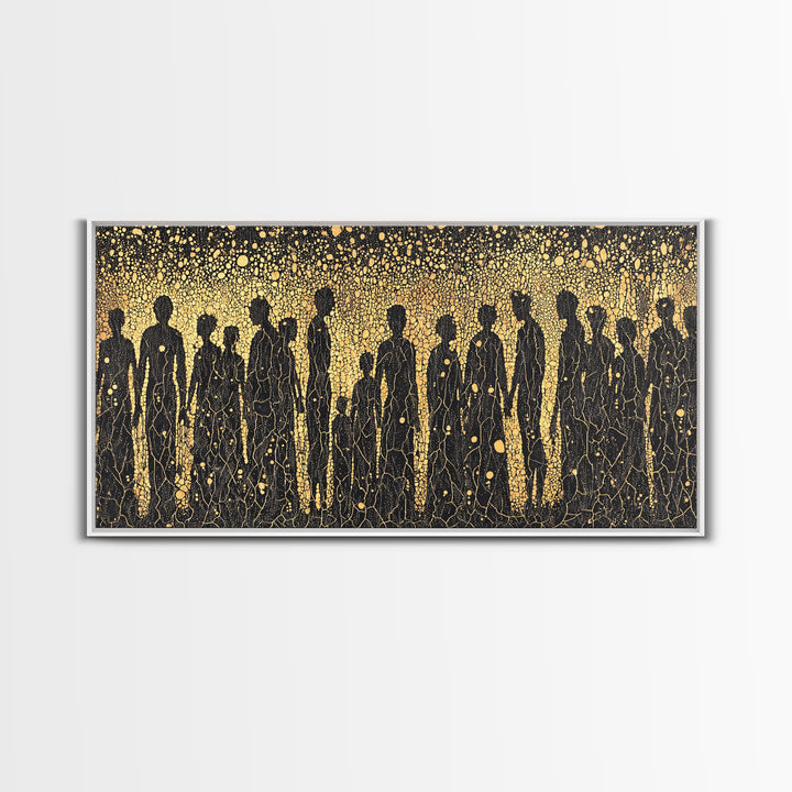 Gold African Silhouette Crowd Wall Art, Abstract Tribal Figures, Black And Gold Cultural Decor Canvas Print Gift For Office