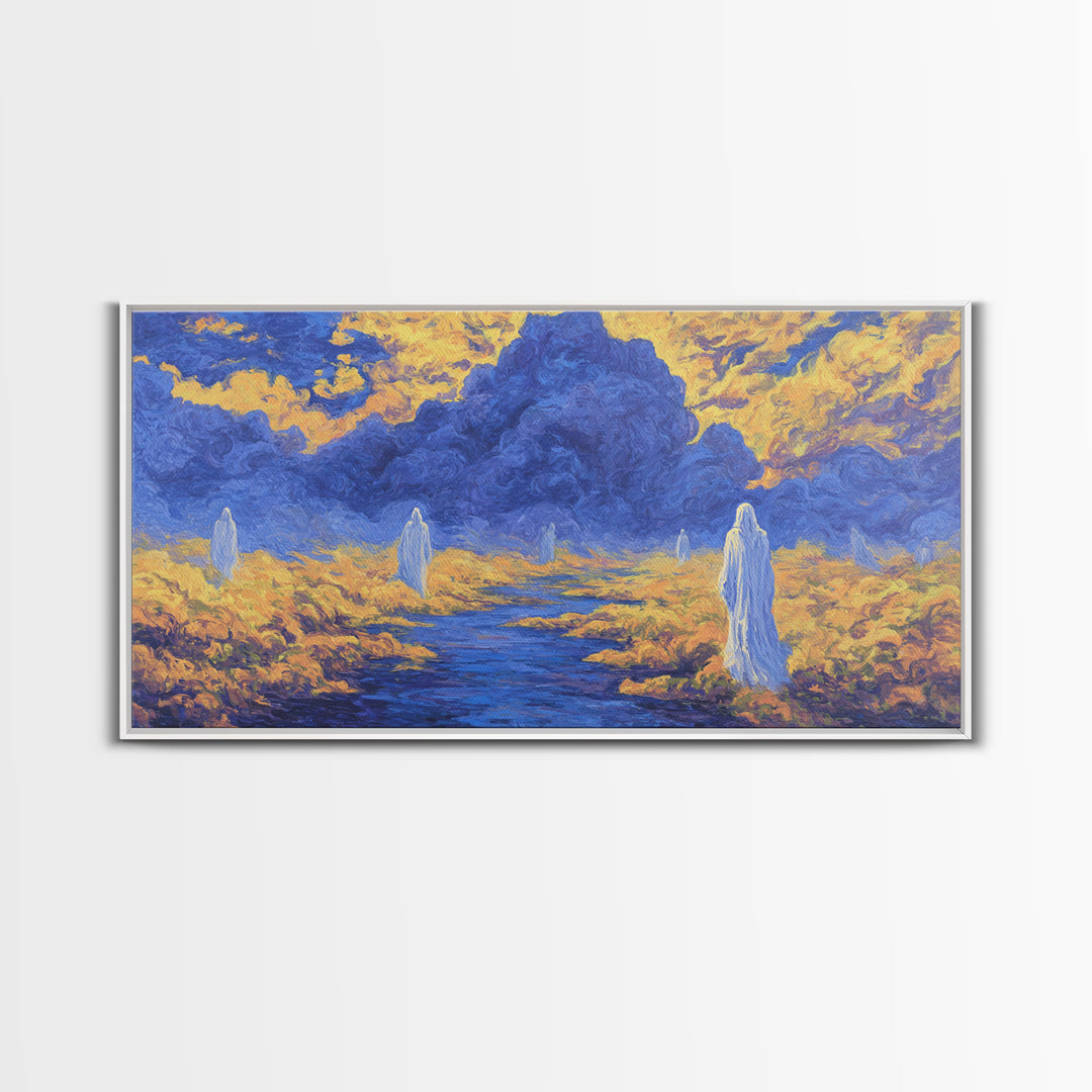 Blue Gold African Spirit Landscape Canvas Print, Mystical Savannah Wall Art, Dreamy Cultural Decor For Living Room And Office