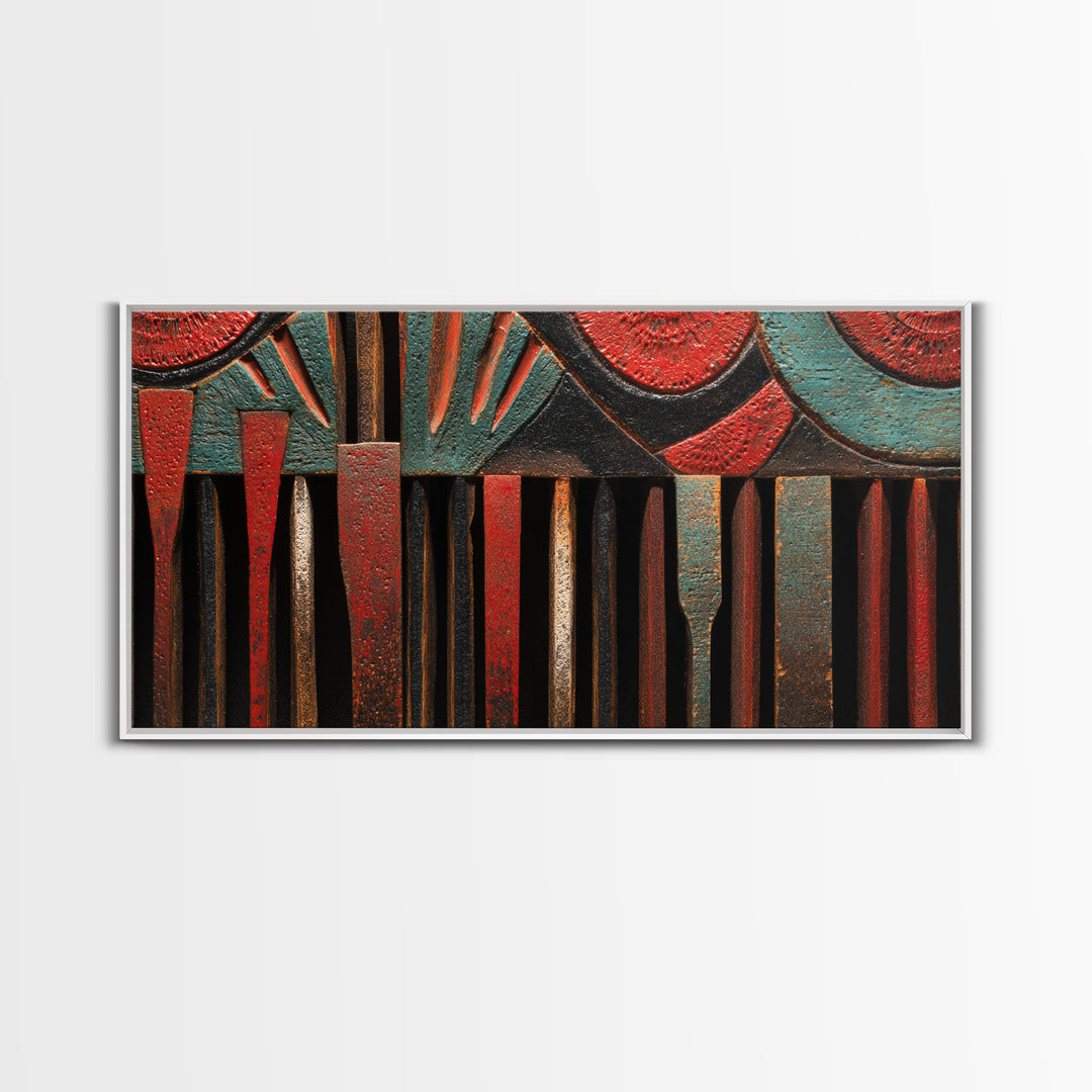 Red Teal Tribal Carved Wood Canvas Print, African Abstract Art, Ethnic Wall Decor, Bold Afrocentric Home Decor Gift For Living Room