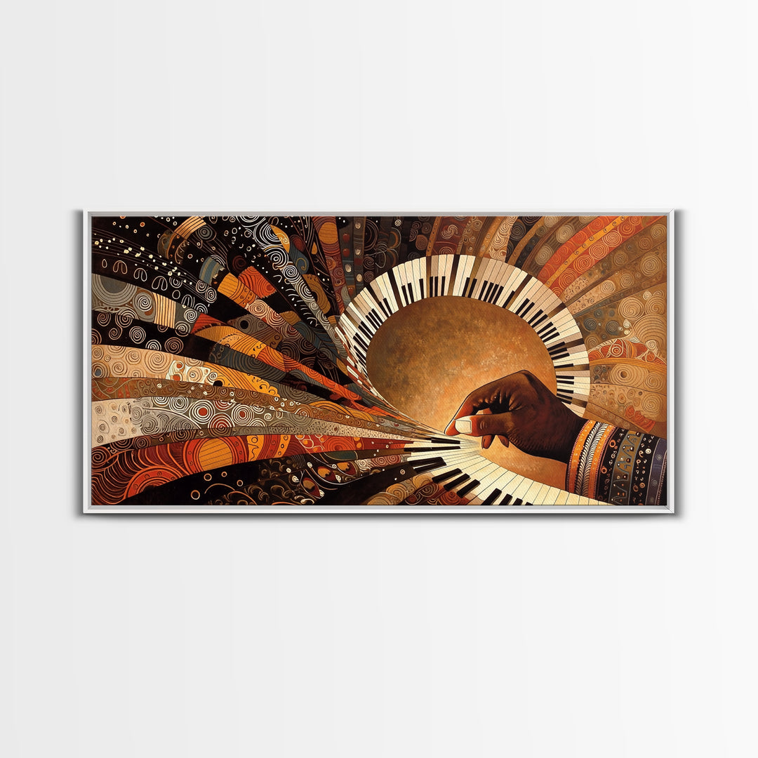 African Piano Sunburst Framed Canvas Print, Musician Hand Wall Art, Modern African Art, Afrocentric Culture Decor Gift Idea