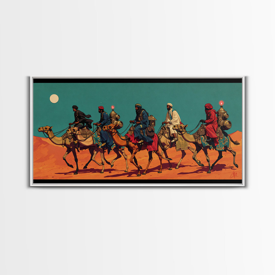 Camel Caravan Desert Travelers Wall Art, African Safari Art Print, Moroccan Travel Decor, Boho Southwestern Canvas Gift For Home