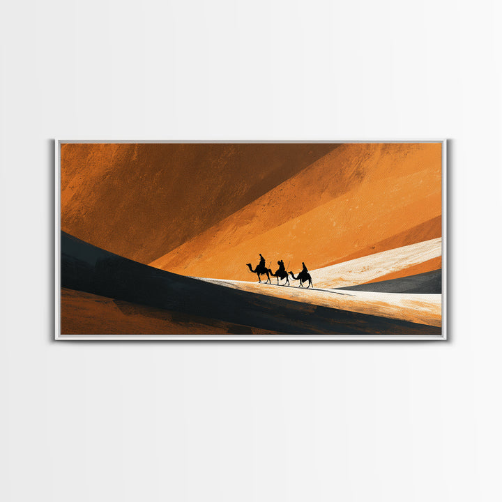 Minimal Camel Riders In Orange Dunes Canvas Print, African Landscape Wall Art, Desert Travel Poster, Earth Tone Decor Gift