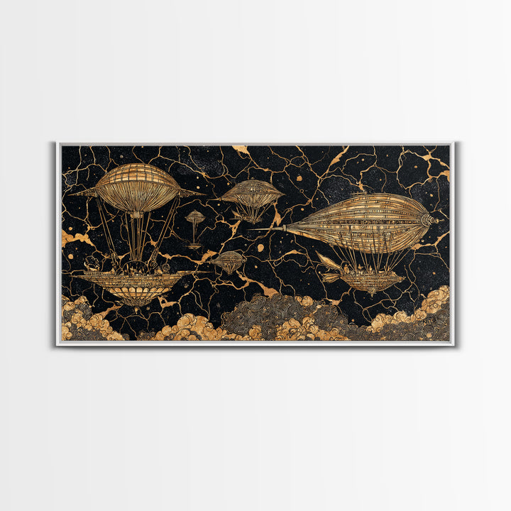 Gold Airship Fantasy Over Black Marble Wall Art, African Inspired Steampunk Canvas Print, Unique Statement Decor Gift For Office
