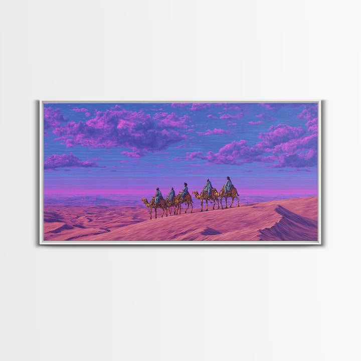 Purple Pink Camel Caravan Wall Art, Dreamy Desert Landscape Print, African Safari Art, Boho Travel Home Decor Gift For Living Room
