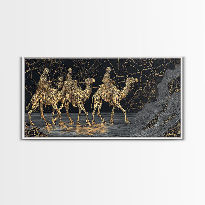 Gold Line Camel Riders Black Marble Wall Art, African Safari Canvas Print, Tribal Desert Decor, Modern Statement Gift For Home